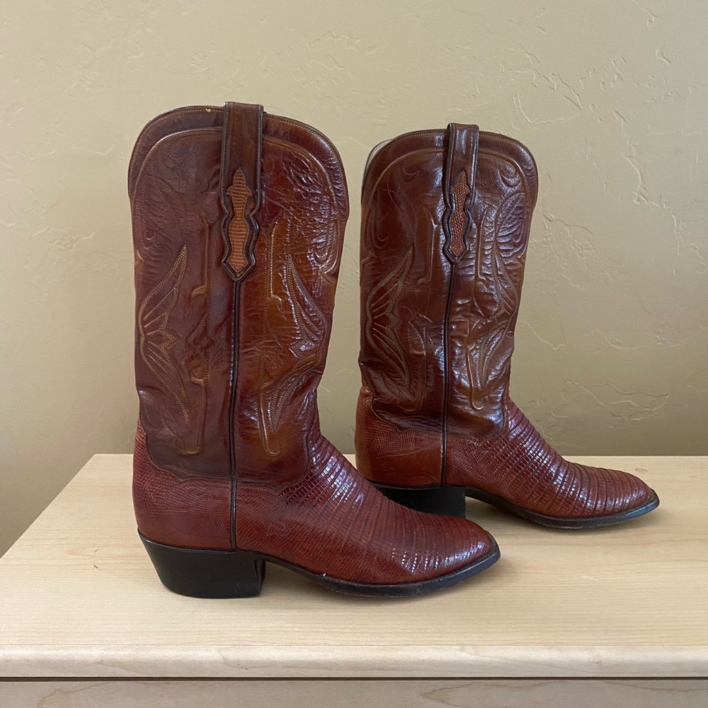 T O Stanley Vintage Brown Lizard Cowboy Boots 9D - Picture 2 of 8